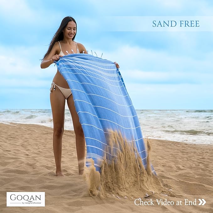 GOQAN Turkish Beach Towel Oversized 39x71 | Thin, Lightweight, 100% Cotton and Sand Free Towel is Suitable for Beach, Bathroom, Pool, Travel, Swim, Gift - Azure