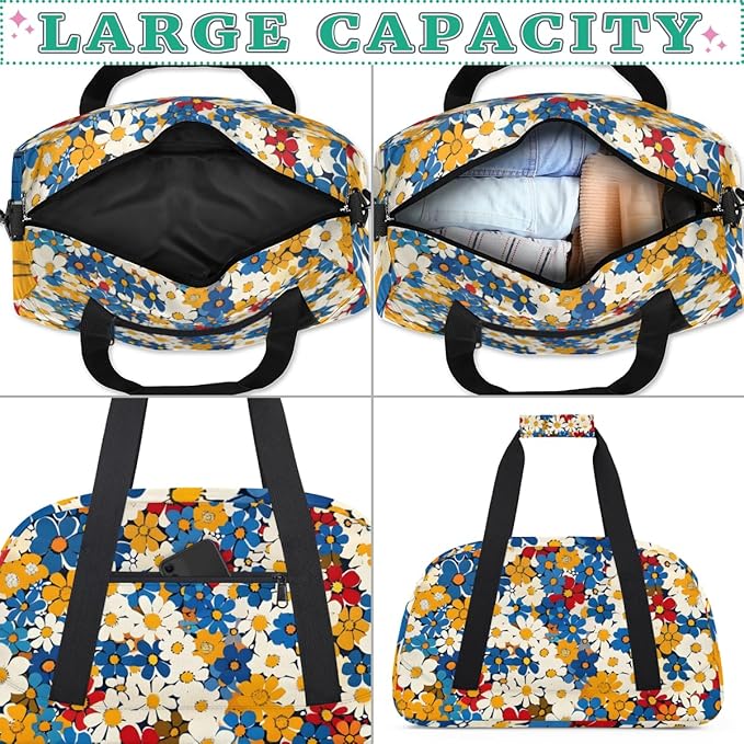 Flower Floral Gym Travel Duffle Bag for Women & Men with Front Zipper Pocket for Sports, Overnight, Weekender, Carry On,Workout & Dance Bag,Cute Blue Red White Yellow,18.9 * 8.7 * 10.6 in