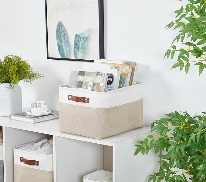 DECOMOMO Storage Baskets for Shelves - Fabric Storage Bins, Linen Closet Organizers and Storage (Beige & White, XL - 3 Pack)