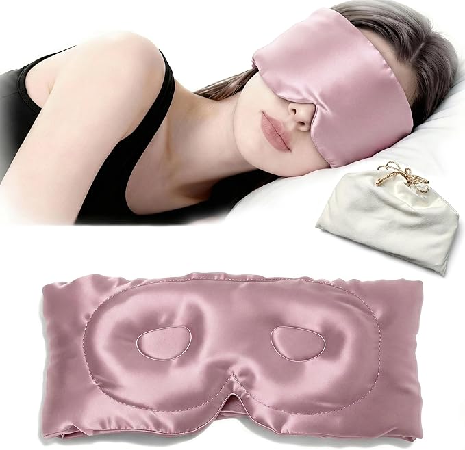 100% Mulberry Silk Sleep Mask for Women & Men – 22 Momme 6A Grade, 3D Contoured Total Blackout Eye Mask for Side Sleepers, Eyelash Extensions, Adjustable Strap, Breathable Blindfold (Dusty Rose)