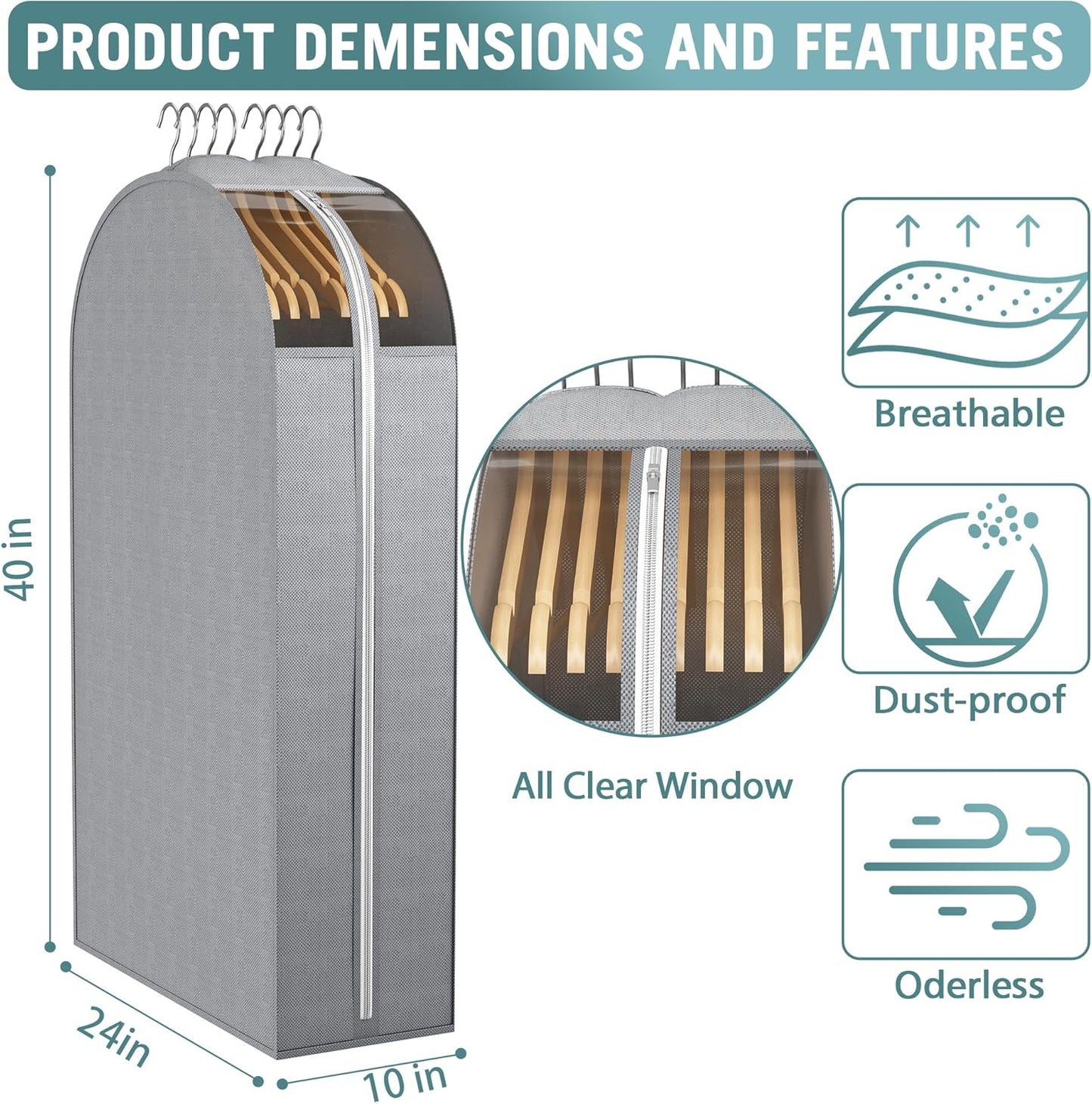 10" Gusseted Garment Bags for Hanging Clothes with Clear Window 50" Suit Bags for Open Closet Storage, Clothing Cover for Coat, Dress, Jacket, Shirt, Fur Wardrobe Protector, 3 Packs