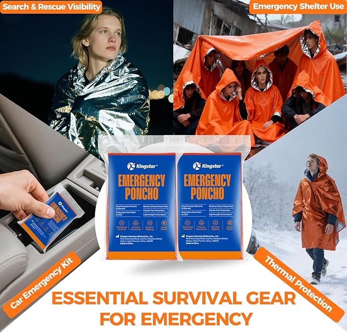 4 Pack Emergency Mylar Blanket Poncho | Waterproof Rain Ponchos | Reusable Packable Poncho | Survival Blanket Poncho for Outdoor Camping & Hiking, Rescue, Car Emergency Kit, Shelter/Tent Cover
