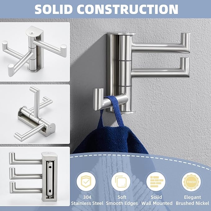 APLusee Swivel Towel Hook for Bathroom Wall Mounted, 304 Stainless Steel 3 Arms Clothes Hook, Flexible Bathroom Kitchen Wall Towel Hanger, Brushed Nickel