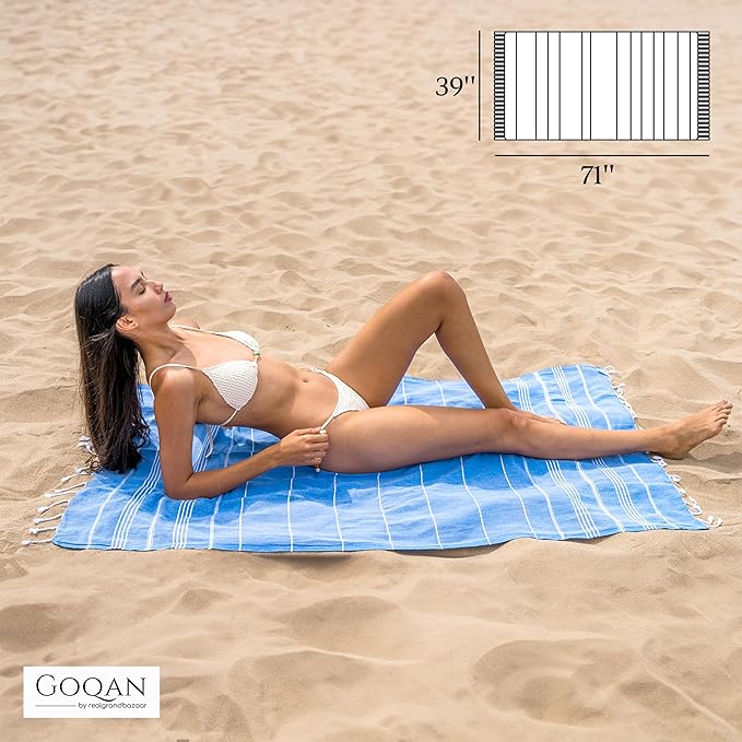 GOQAN Turkish Beach Towel Oversized 39x71 | Thin, Lightweight, 100% Cotton and Sand Free Towel is Suitable for Beach, Bathroom, Pool, Travel, Swim, Gift - Azure
