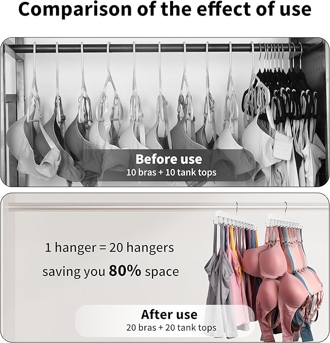 Bra Hangers for Closet Organizer,Tank Top Hanger with 20 Hooks,Space Saving Wooden Adjustable Hangers,Closet Organizers and Storage Suitable for Dorm,Apartments (1, White)