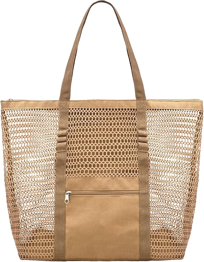 Mesh Beach Bags for Women with Zipper Foldable Hobo Tote Bag Vacation Shoulder Bags for Swimming Pools