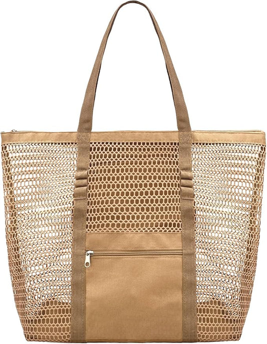 Mesh Beach Bags for Women with Zipper Foldable Hobo Tote Bag Vacation Shoulder Bags for Swimming Pools
