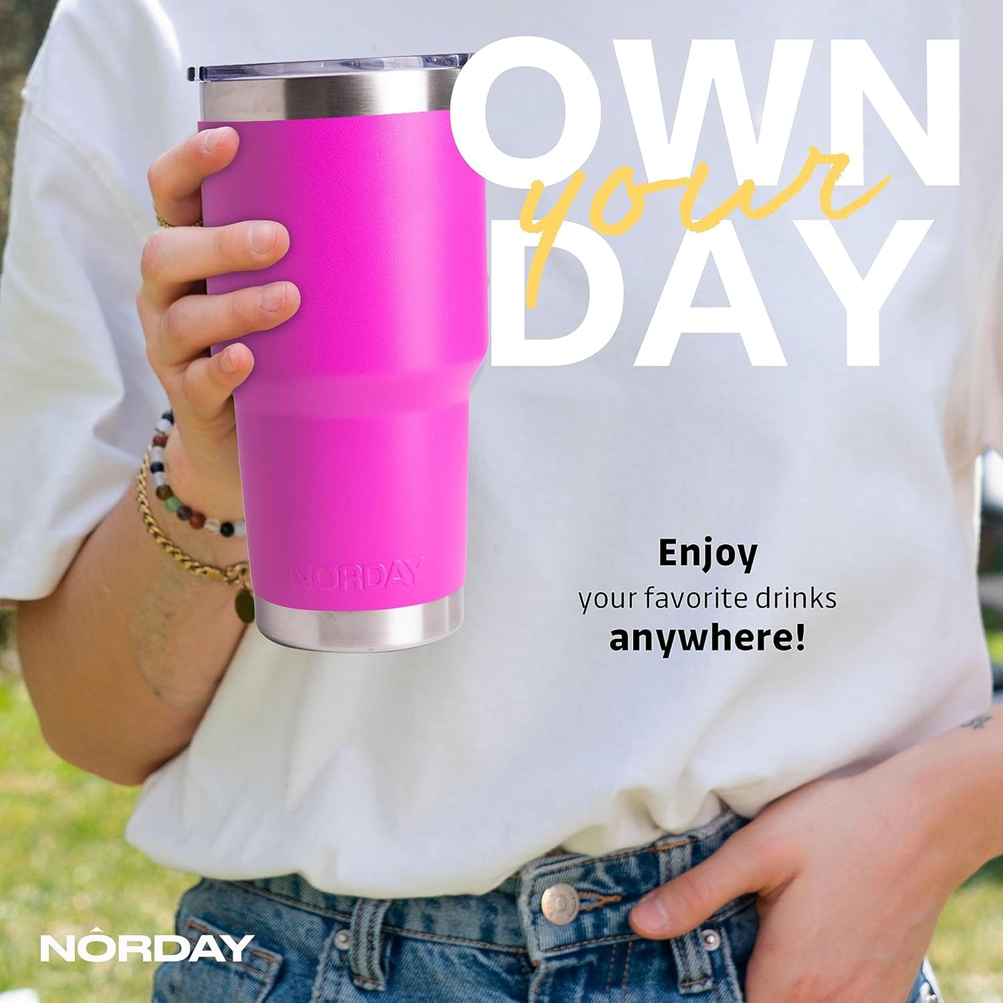 NORDAY | Tumbler with Lid - 30oz - Pink Insulated Tumbler - Stainless Steel Tumblers - Double Wall Vacuum Insulated Travel Coffee Mug for Car Cup Holder - Keeps Temperature for 24hr - Anti Spill Lid