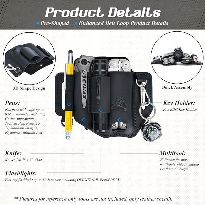 FLYHOMES Premium Full-Grain Genuine Cowhide Leather Multitool Sheath | Handmade Stitched Belt Organizer for Leatherman, Flashlight, Pen & EDC Tools | Multi-Tool Holster Pouch with Keychain Clip