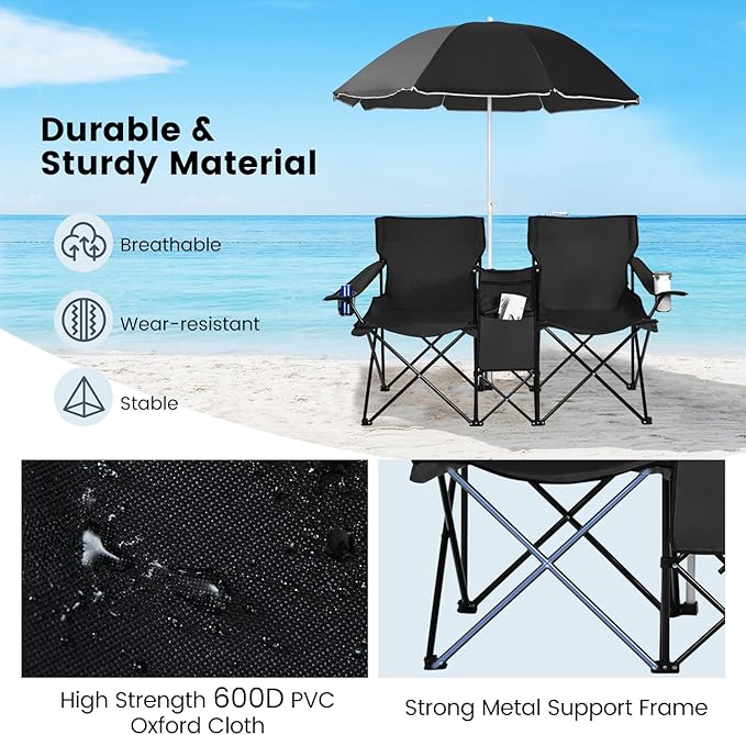 KOTEK Double Camping Chair, Folding Camp Chair with Removable Umbrella, Cup Holders, Cooler Bag, Side Pocket & Carry Bag, 2-Person Beach Chair for Outdoor, Sports, Concerts, Travel, Picnic (Black)