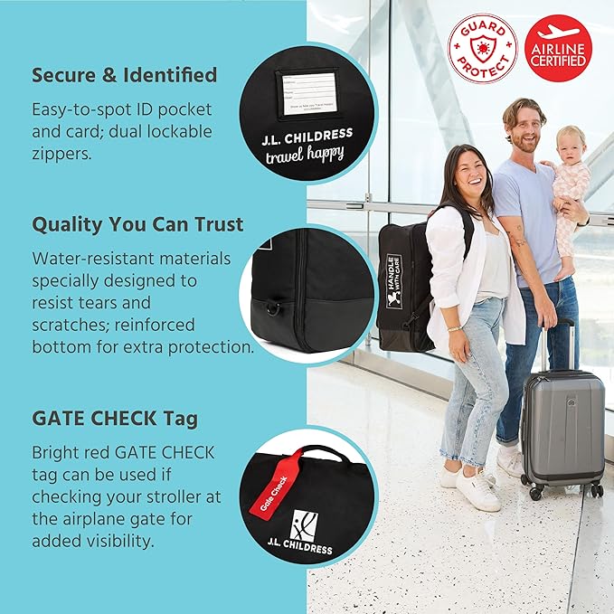 J.L. Childress Padded Compact Travel Stroller Bag for Airplane - Fits Most Compact-Fold Single Baby Strollers, AirTag Compatible, Black, Expands from 21"W x 23"H x 7"D to 21"W x 23"H x 11"D
