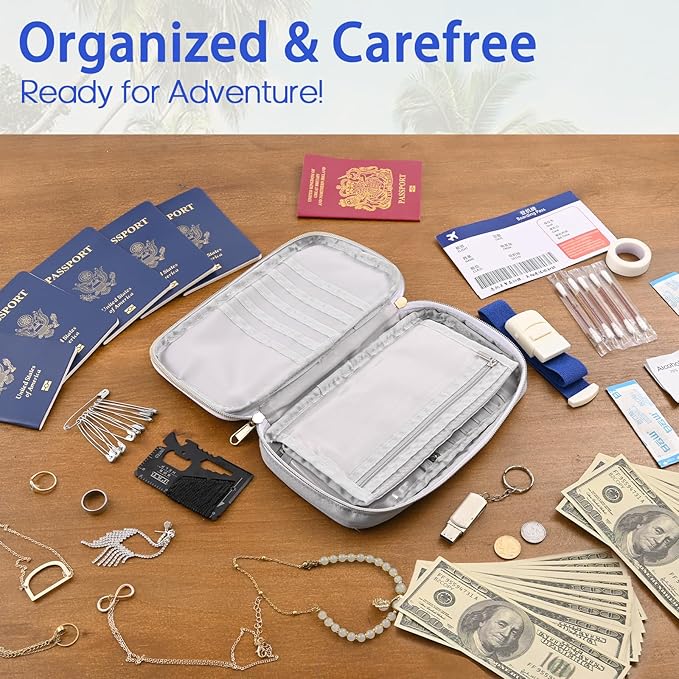 Multifunctional, Practical, RFID Family Passport Holder, Travel Wallet (gray), Travel document Organizer, Passport Bag, Three-layer Design, Multiple Pockets，Big Storage