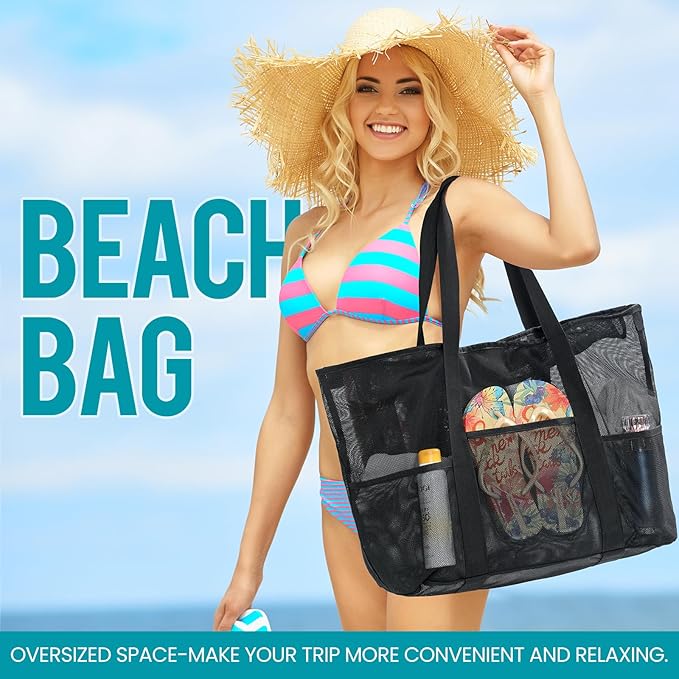 Mesh Beach Bag, Large Bag with Zipper Beach Bags for Women Waterproof Sandproof with 5 Pockets Green