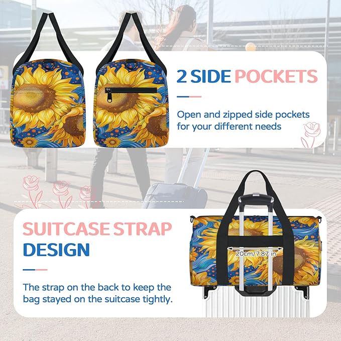 Abstract Floral Sunflower Travel Duffle Bag for Women Men, Overnight Weekender Bag, Carry on Tote for Sport Gym
