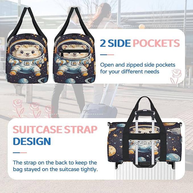 Space Theme Animal Travel Duffle Bag for Women Men, Overnight Weekender Bag, Carry on Tote for Sport Gym