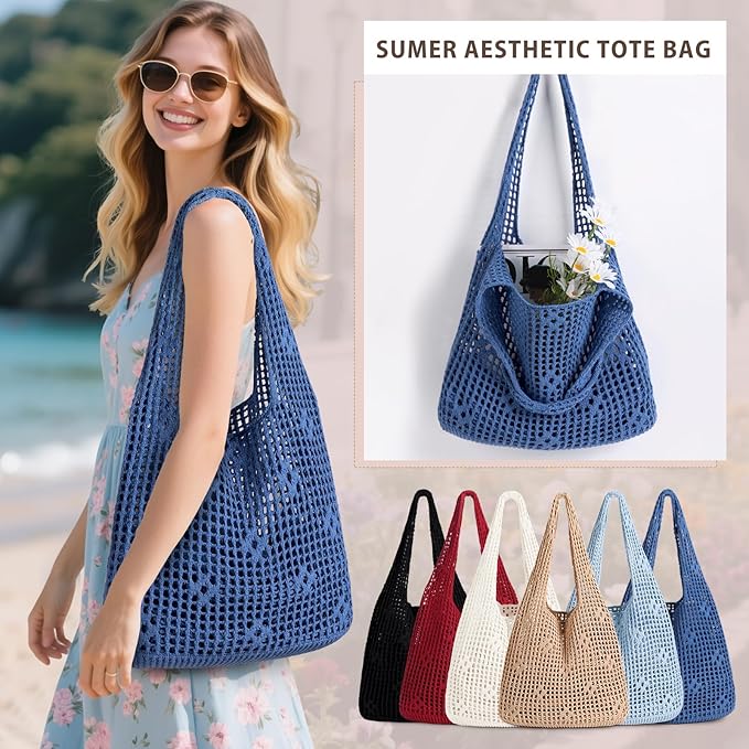 Sightor Crochet Tote Bag, Mesh Beach Bag Knit Summer Hobo Bag Vacation Boho Tote Bag for Women