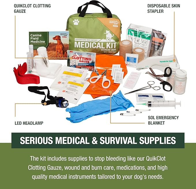 Adventure Medical Kits Workin' Dog Medical Kit with QuikClot - Canine Field First Aid Kit with Headlamp, Bandages, Cold Pack, Leash, Instruction Manual & More - Compact Dog Emergency Kit