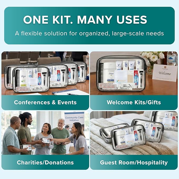 Trektote 10 Piece Travel Hygiene Kit with Toiletries & Dental Essentials, TSA-Compliant, Clear Cosmetic Bag, Single or Bulk Packs
