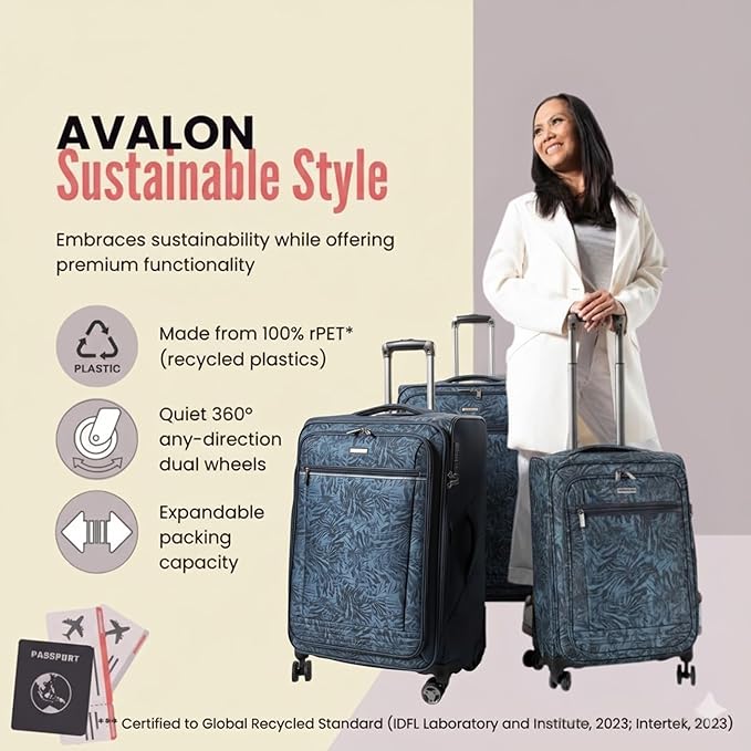 Ricardo Beverly Hills Avalon Softside Check-In Luggage Made with Sustainable 100% Recycled PET (rPET), Lightweight, Eco-Friendly Travel, Expandable, Dual Spinner Wheels, Serengeti Night, 24-inch
