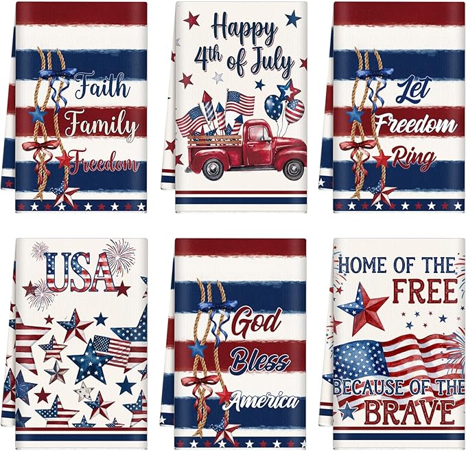 Breling Set of 6 4th of July Kitchen Towels Patriotic Themed Dish Towel Bathroom Decorative Rustic Cloths for Independence Day Kitchen Bathroom Home Cooking Housewarming, 14 x 21 Inch