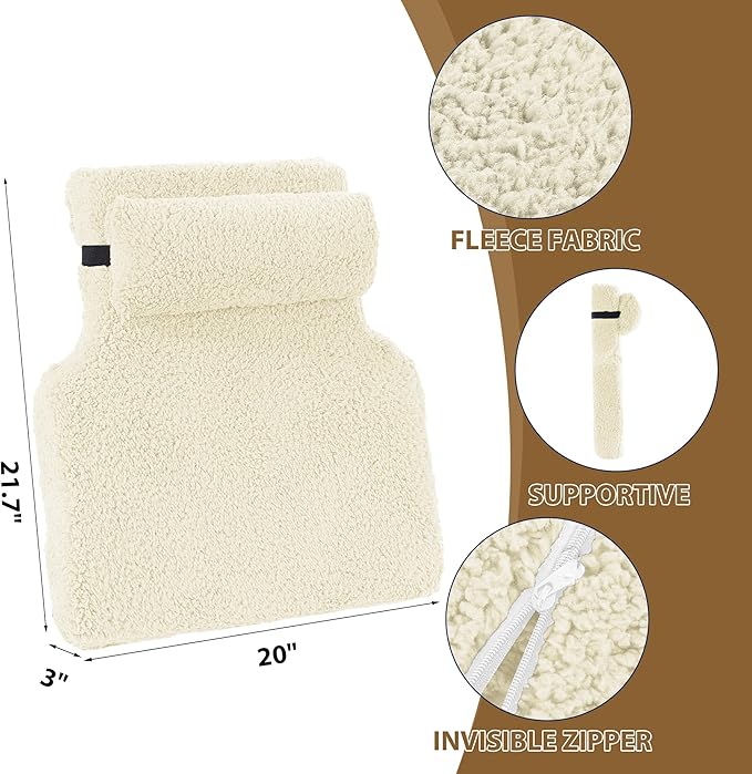 HOMBYS Sherpa Fleece Lumbar Support Pillow with Headrest, Foam Recliner Chair Cushion for Back Pain, Big High Back Support with Chair Headrest for Elderly (Beige)