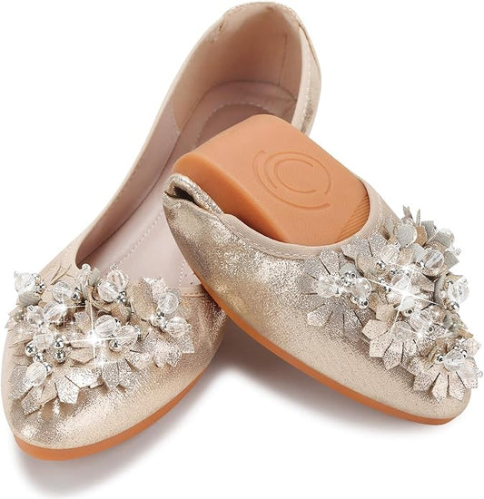 KUNWFNIX Women Ballet Flats Rhinestone Wedding Ballerina Shoes Foldable Sparkly Comfort Slip on Flat Shoes