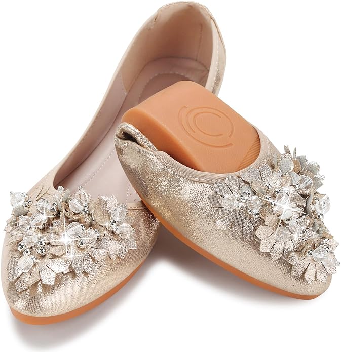 KUNWFNIX Women Ballet Flats Rhinestone Wedding Ballerina Shoes Foldable Sparkly Comfort Slip on Flat Shoes