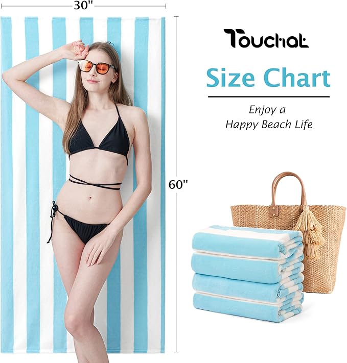 Touchat 4 Pack Cabana Stripe 250GSM Polyester Lightweight Quick-Dry Beach Towel & Blanket Combo- 30'' x 60'' Compact Travel Towel for Pool, Camping, Gym, Yoga | Ultra-Portable, Multi-Functional，Blue