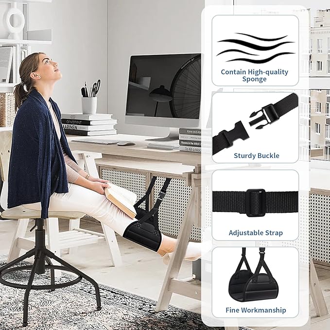 Airplane Foot Hammock, Foot Rest for Under Desk at Work, Length Adjustable Airplane Foot Rest, Travel Essentials with Eye Mask and Earplugs, Desk Foot Hammock to Relax Your Feet(3 Sets)