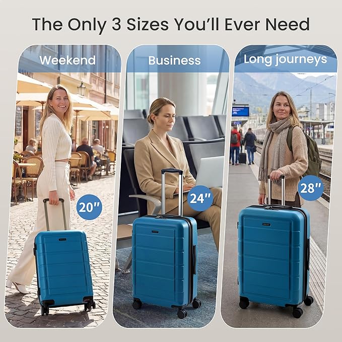 SHOWKOO Full PC Hardshell Luggage Sets, 20/24/28 In Suitcase with TSA Lock & Spinner Wheels, Lightweight Durable Travel Luggage
