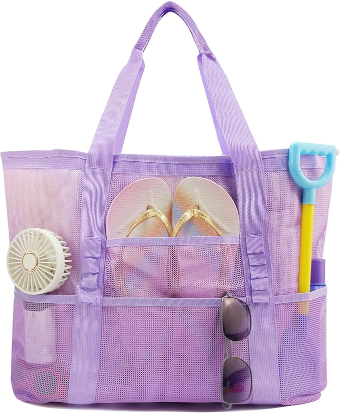 Large Mesh Beach Tote Bag, 9-Pocket Foldable Summer Vacation Beach Bag for Travel, Pool, Gym, Cruise