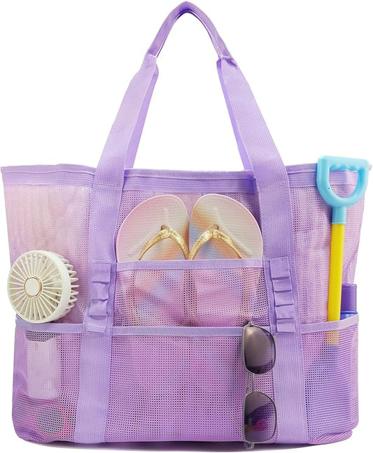 Large Mesh Beach Tote Bag, 9-Pocket Foldable Summer Vacation Beach Bag for Travel, Pool, Gym, Cruise