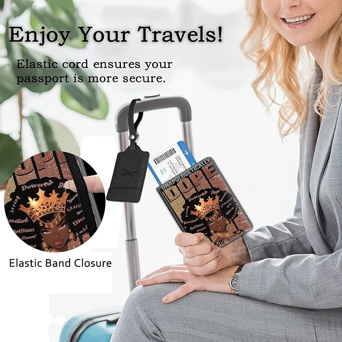 Passport Holder Women Wallet with Luggage Tag, Leather Passport Cover with RFID Blocking, Travel Accessories Multi Card Slot Passport Case for Men，African American Crown Girls