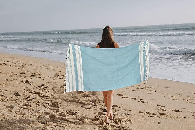 GLAMBURG Peshtemal Turkish Towel Cotton Oversized Beach Towels 36x71 Set of 6 for Adults, Soft Durable Absorbent Extra Large Bath Sheet Hammam - Aqua Blue