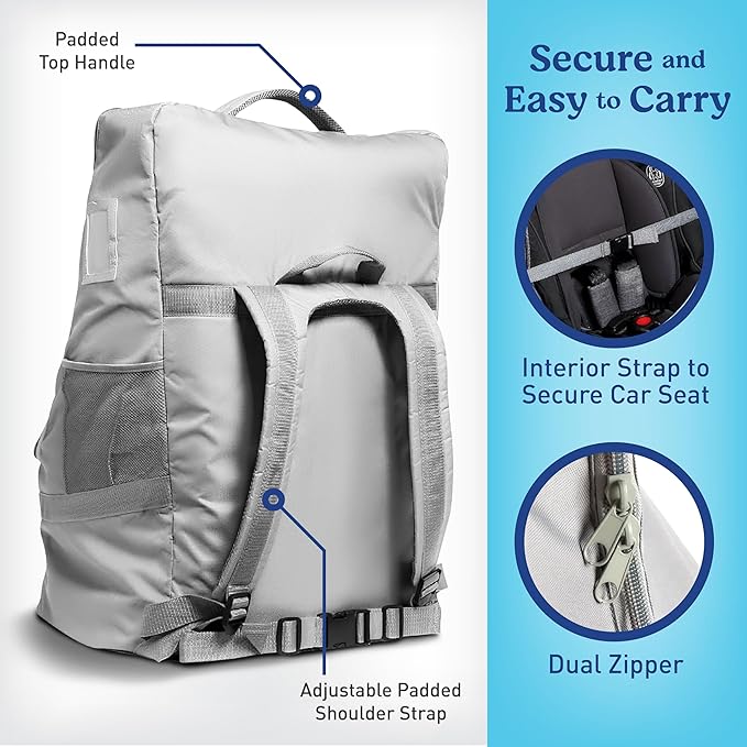 Graco Padded Car Seat Travel Bag & Infant Carrier Backpack, Durable Large Back Pack for Carseats & Booster Seats, Airport Gate Check Bag Luggage, Double Padded Strap, Water Resistant Material, Gray