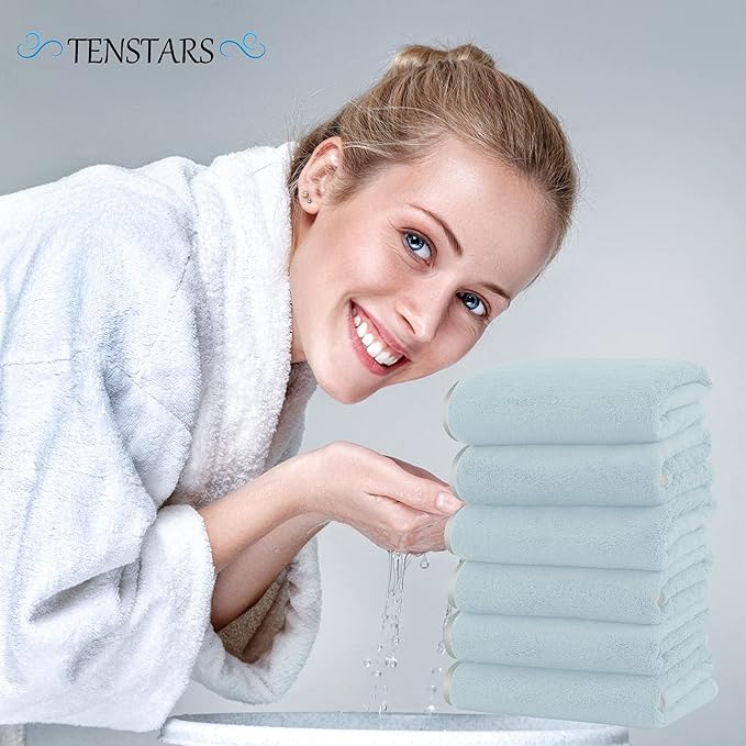 TENSTARS Silk Hemming Hand Towels for Bathroom - Quick Drying - Ultra Soft Microfiber Absorbent Towel for Bath Fitness, Gym, Shower, Hotel, and Spa - 16x28 Inch | Set of 6, Light Teal