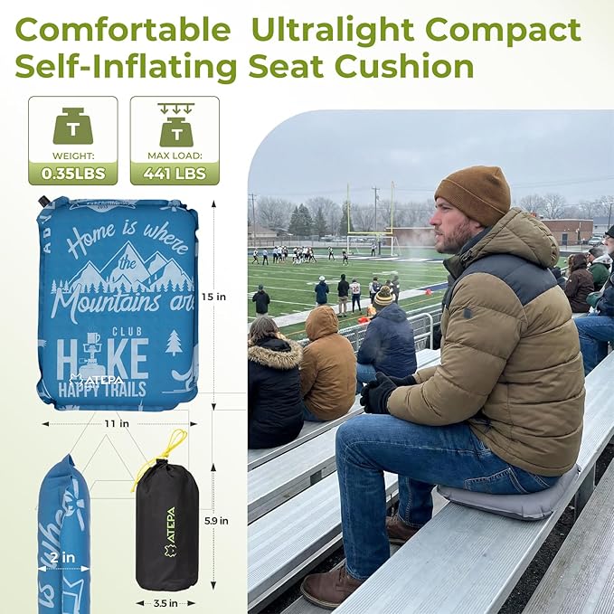 ATEPA Inflatable Seat Cushion, Self-Inflating Portable Stadium Airplane Travel Foam Cushion Pad for Camping, Sports Events, Outdoor