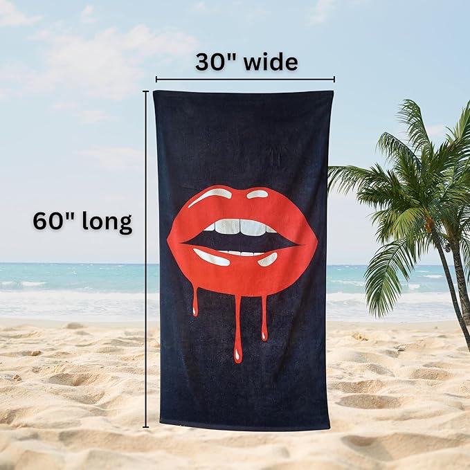 Lip Drip Sexy Kiss Glam Beach Towel 30”x60” – 100% Cotton Velour, Absorbent, Quick-Dry, Easy-Pack for Spring Break, Vacation, Beach, Pool, or Sunbathing – Lightweight, Compact – Funny Novelty Gift