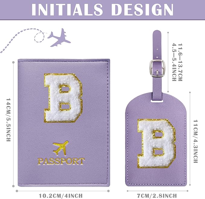 COSHAYSOO Purple Initial Passport Cover and Luggage Tag Set TSA Approved with Chenille Letter Patch for Women Teenage Girls, 2 Pcs Double Passport Holder Best Bag Suitcase Identifier (B)