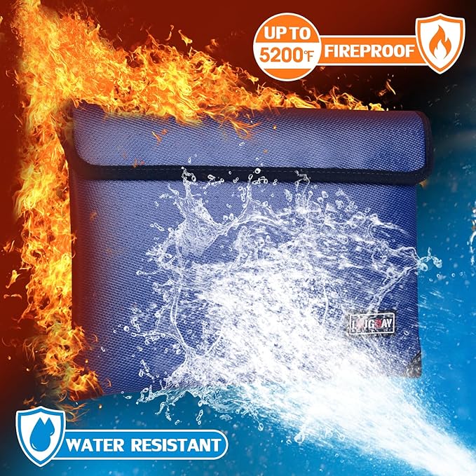 Fireproof Bag with 5200℉ Thermal Insulated, Waterproof Fireproof Box with Zipper, Fireproof Money Bag for Cash, Fireproof Safe Bags for Home Safe Bank Valuable Documents (13.9"x10.6", Blue)