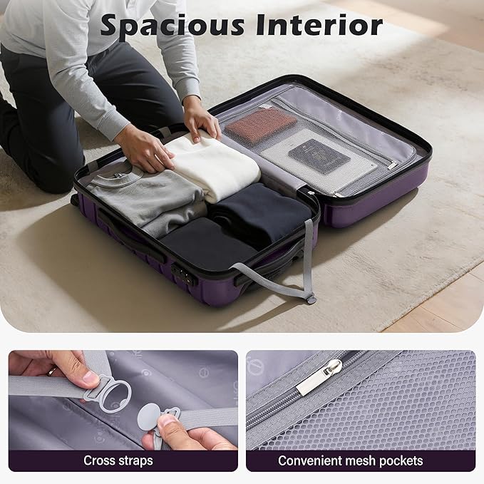 Coolife 20-Inch Small Carry on Hardside PC+ABS Spinner TSA Lock Telescopic Luggage Handle（20in-purple）