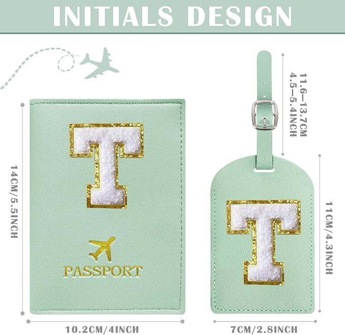 COSHAYSOO Green Passport Cover Holder and Initial Luggage Tag Set TSA Approved with Chenille Letter Patch for Women Teen Girls Couples, Preppy Travel Bag Suitcase Identifier (T)