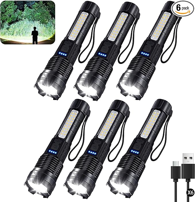 6Pack Rechargeable Flashlights, 7Mode Flashlights High Lumens, Super Bright LED Flashlight, Adjustable Tactical Flash Light, High Powered Flash Light, Handheld Flashlight for Home Emergency Camping