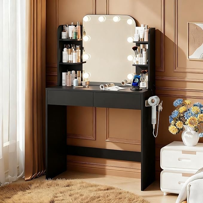 wanan Vanity Desk with Mirror and Lights 3 Colors, Girls Vanity Set with Power Outlet, Compact Vanity Table for Small Space, Black Vanity Desk only