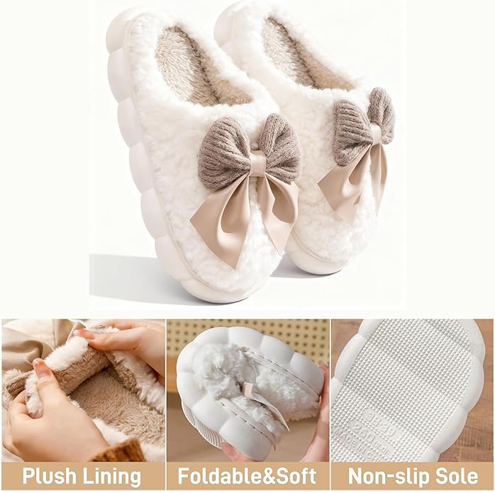 Cute Bow Slippers for Women, Womens Fuzzy Fluffy Cozy Indoor Outdoor House Slippers