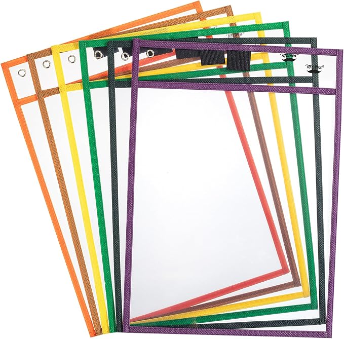 Mr. Pen Dry Erase Pocket Sleeves, 6 Pack, 10x14 inches, Multicolored Border, Plastic, Reusable Dry Erase Sheet Protectors