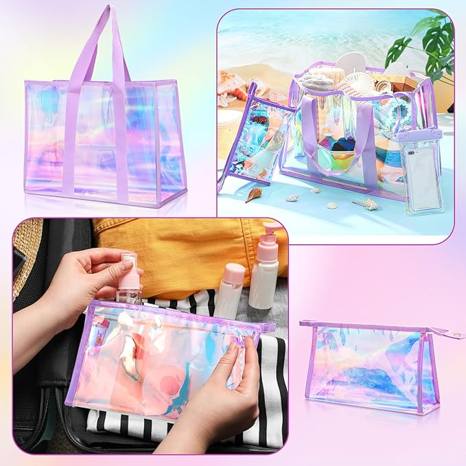 3 Pcs Waterproof Beach Bags Women Clear Iridescent Tote Bag Cosmetic Pouch for Phone Travel Beach Pool Essentials