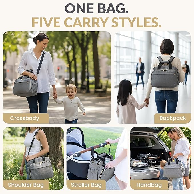 Mellories 4 in 1 Convertible Baby Diaper Bag – Converts from Tote to Backpack, Stroller & Crossbody Diaper Bag – Gray Baby Travel Bag – Gift for Moms