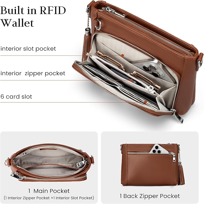 befen Anti Theft Genuine Leather Crossbody Bags for Women Handbags and Shoulder Basg with Built in Wallet RFID Leather Purse