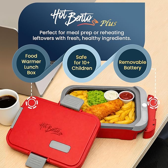 Hot Bento PLUS Self Heated Lunch Box and Food Warmer Removeable Battery Powered, Portable, Cordless, Hot Meals for Office, Travel, Jobsite, Picnics, Outdoor Recreation, Kitchen Meal Prep (Ruby)